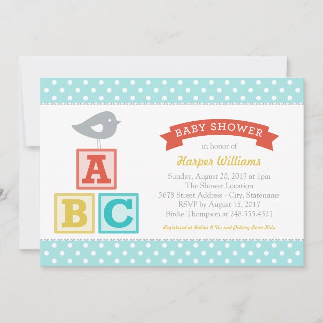 ABC Alphabet Blocks Aqua Blue Baby Shower Invitation (Front)