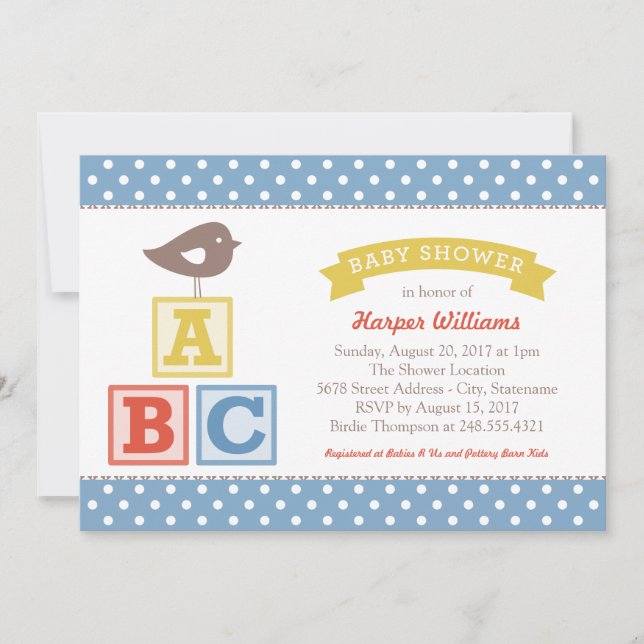 ABC Alphabet Blocks Blue Yellow Baby Boy Shower Invitation (Front)