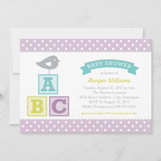 ABC Alphabet Blocks Lavender Purple Baby Shower Invitation (Front)