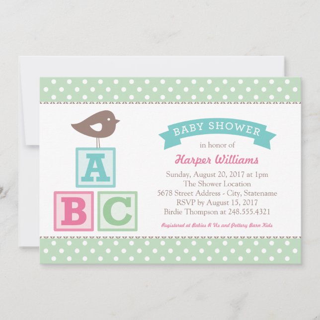 ABC Alphabet Blocks Mint Green Baby Shower Invitation (Front)