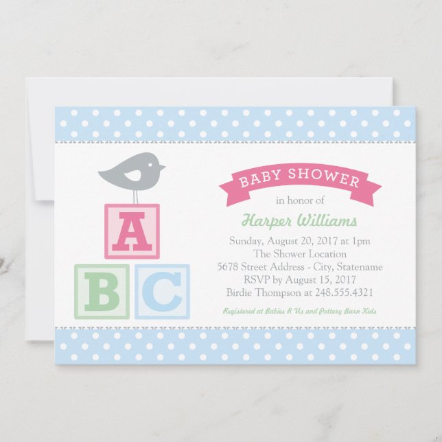 ABC Alphabet Blocks Pink and Blue Baby Shower Invitation (Front)