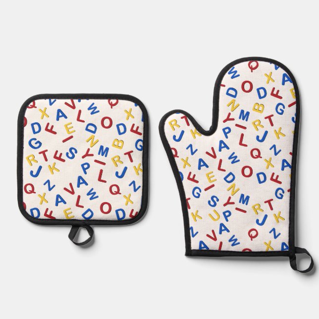 ABC Alphabet Letters Red Yellow Blue Oven Mitt & Pot Holder Set (Front)
