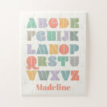 ABC Alphabet Personalised Name Jigsaw Puzzle<br><div class="desc">A colourful,  retro Alphabet design that can be personalised for your child. Inspired by retro typefaces and boho style,  this design can be customised with a child's name,  monogram,  or other text. Gender-neutral colours; purple,  green,  orange,  yellow,  teal,  turquoise,  grey,  brown,  cream.</div>