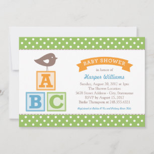 ABC Blocks Green Bird Gender Neutral Shower Invitation