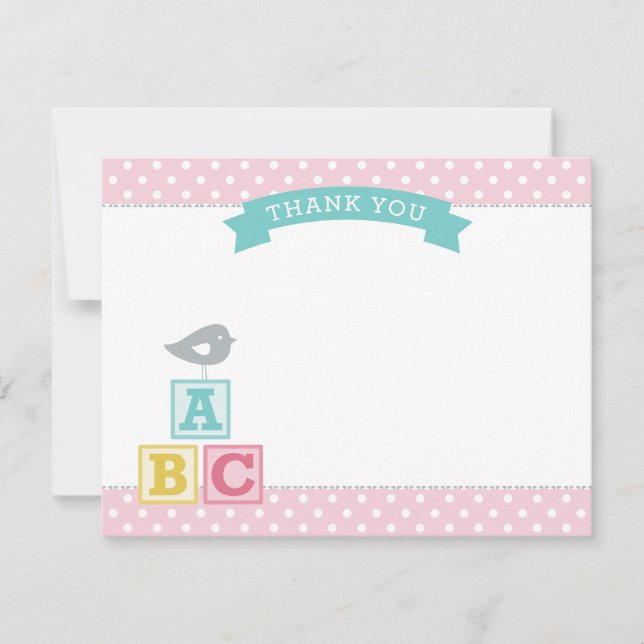 ABC Blocks Pink and Aqua Girl Baby Shower Thank You Card (Front)
