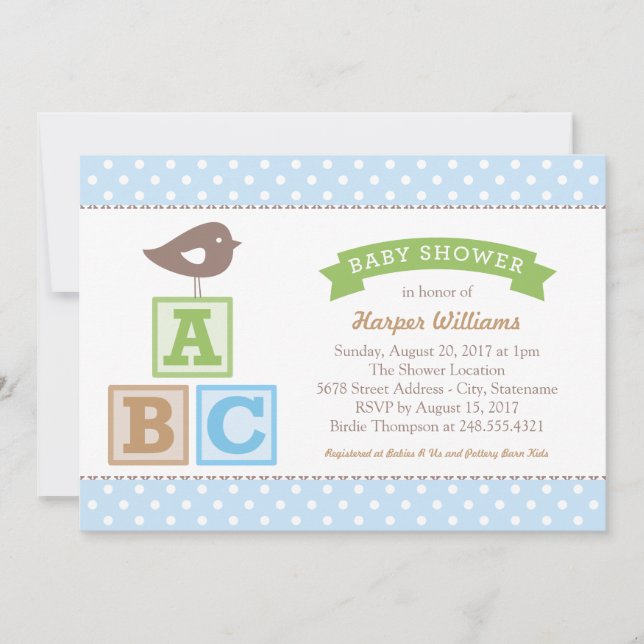 ABC Blocks Sky Blue Bird Baby Boy Shower Invitation (Front)