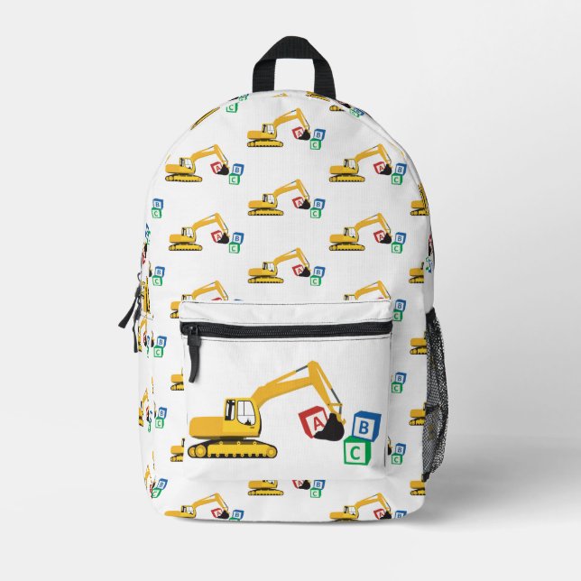 ABC Excavator Construction Truck School Printed Backpack (Front)