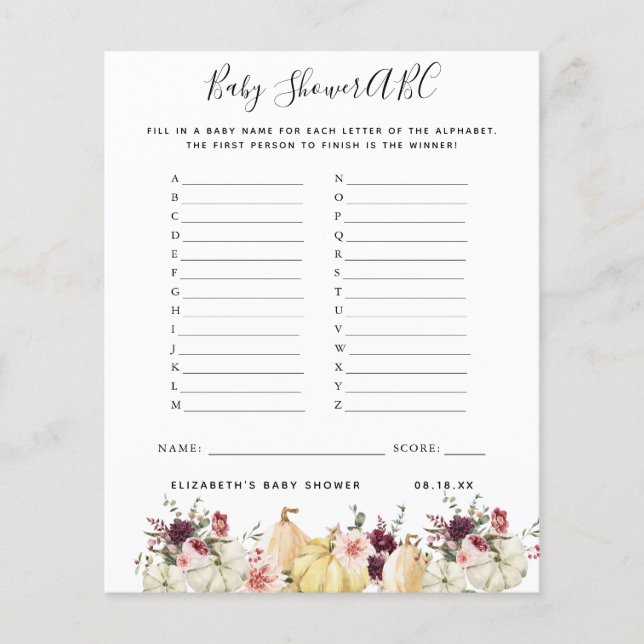 ABC Game | Floral Pumpkin Baby Shower Game (Front)