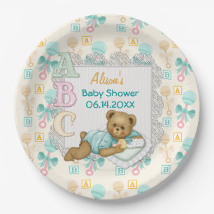 ABC Teddy Peach and Aqua Baby Shower Paper Plates