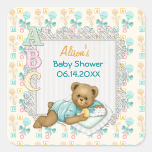 ABC Teddy Peach and Aqua Baby Shower Square Sticker
