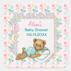 ABC Teddy Pink and Aqua Baby Shower Square Sticker