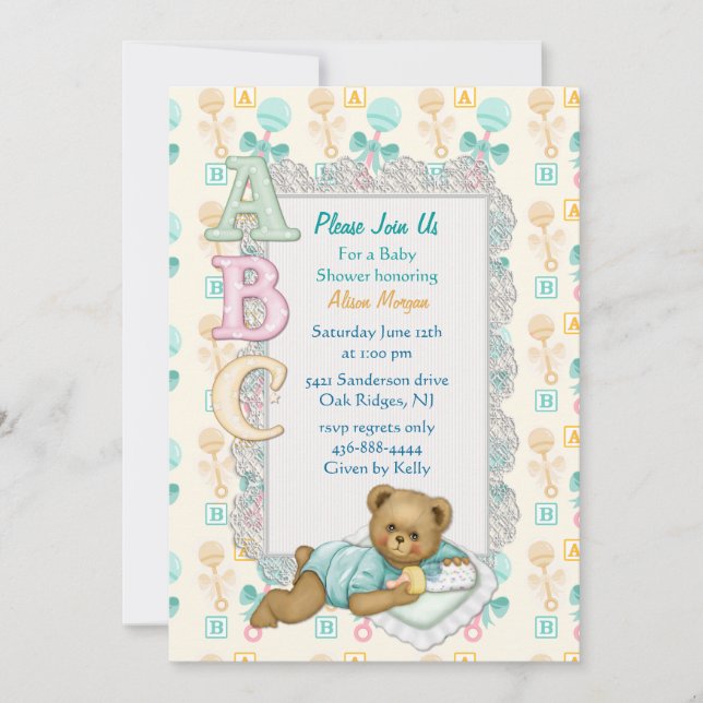 ABC Teddy Shower Invitation - Peach and Aqua (Front)