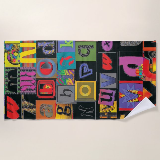 ABCDEFG -- The Alphabet in Crazy Fonts Beach Towel (Front)