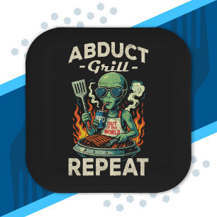 Abduct Grill Repeat Retro BBQ Cookout Funny Alien Paper Plate