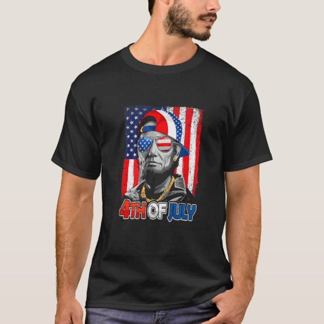 Abe Lincoln Beard Sunglasses American Flag 4th Of  T-Shirt (Front)
