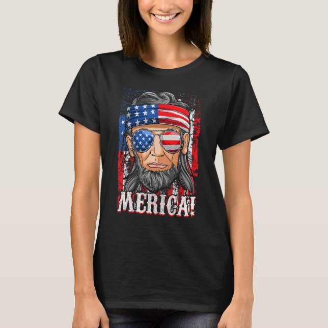 Abe Lincoln Mullet Merica  Patriotic American Flag T-Shirt (Front)