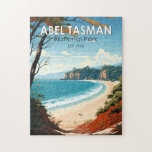Abel Tasman National Park New Zealand Travel Retro Jigsaw Puzzle<br><div class="desc">Abel Tasman vector artwork design. It’s known for the Abel Tasman Coast Track,  a long trail winding over beaches and across ridges between Marahau in the south and Wainui in the north.</div>