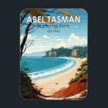 Abel Tasman National Park New Zealand Travel Retro Magnet<br><div class="desc">Abel Tasman vector artwork design. It’s known for the Abel Tasman Coast Track,  a long trail winding over beaches and across ridges between Marahau in the south and Wainui in the north.</div>