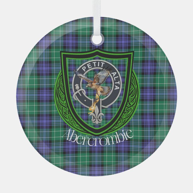 Abercrombie Scottish Clan Tartan & Crest Glass Tree Decoration (Front)