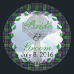 Abercrombie Scottish Wedding Favour Classic Round Sticker<br><div class="desc">Scottish Wedding themed customisable Favour using one of the Scottish tartans of the Abercrombie family name. Customisable Wedding Favour information is framed in the centre with a wreath of Scottish Thistles and a silver Celtic knot at the base. Perfect for Scottish themed or destination weddings. If you would like another...</div>