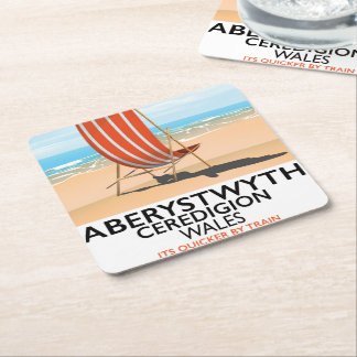 Aberystwyth Wales seaside travel poster Square Paper Coaster