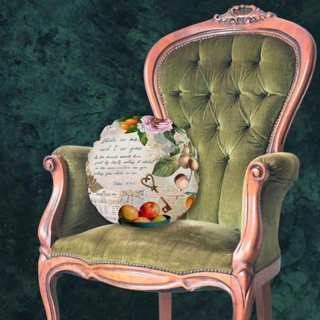 Abide in Me Fruitful Faith Round Cushion (Vintage inspired pillow is a collage with teaching from the Christian faith.)