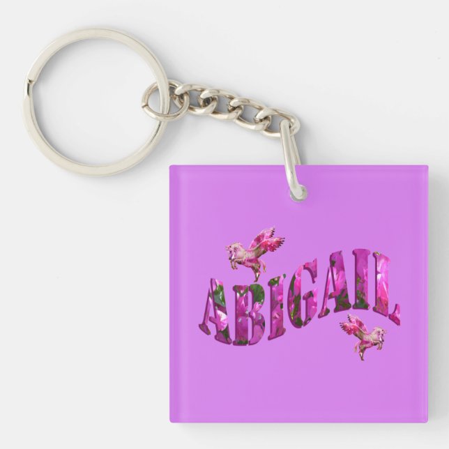 Abigail, Girls Name Logo Made From Pink Flowers, Key Ring (Front)