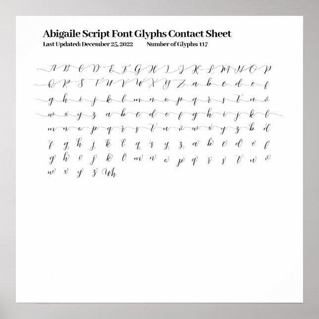 Abigaile Script Font Glyphs Contact Sheet Poster (Front)