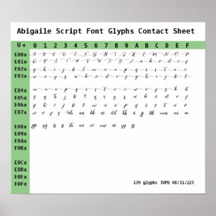 Abigaile Script Font Glyphs Contact Sheet Poster