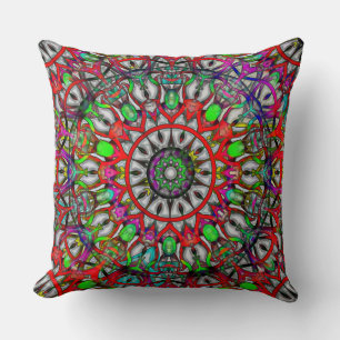 Abnormal red green colourful kaleidoscope mandala cushion