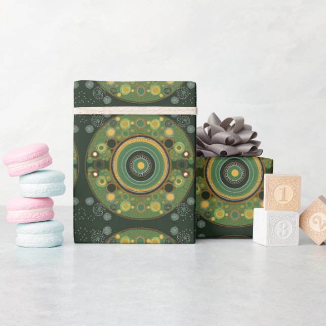 Aboriginal art style green wrapping paper  (Baby Shower)