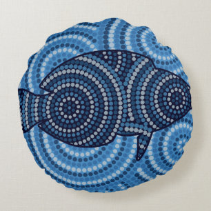 Aboriginal fish dot painting round cushion