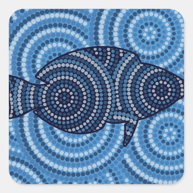 Aboriginal fish dot painting square sticker (Front)