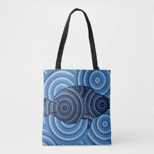 Aboriginal fish dot painting tote bag