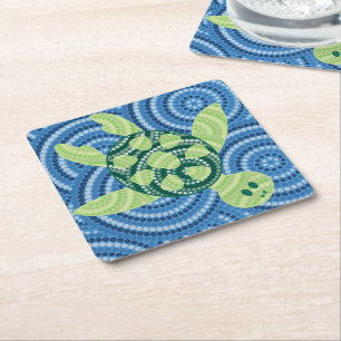 Aboriginal turtle dot painting square paper coaster
