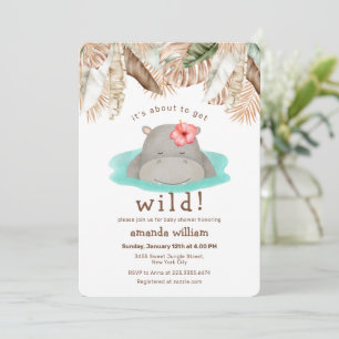 About To Get Wild Boho Tropical Hippo Baby Shower Invitation
