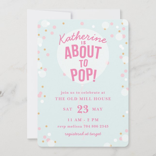 About to Pop Balloon Girl Baby Shower Invitation (Front)