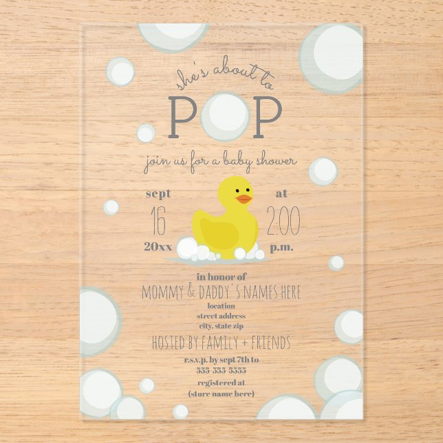 About To Pop Duck Bubble Neutral Baby Shower Acrylic Invitations (Front)