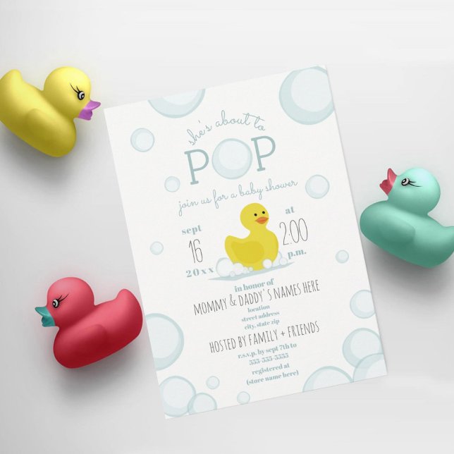 About To Pop Rubber Duck Bubbles Blue Baby Shower Invitation (Creator Uploaded)
