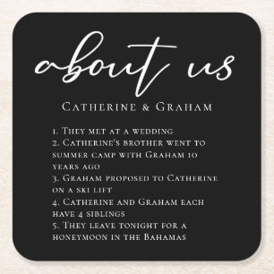 About Us Couple Facts Trendy Modern Black Wedding Square Paper Coaster