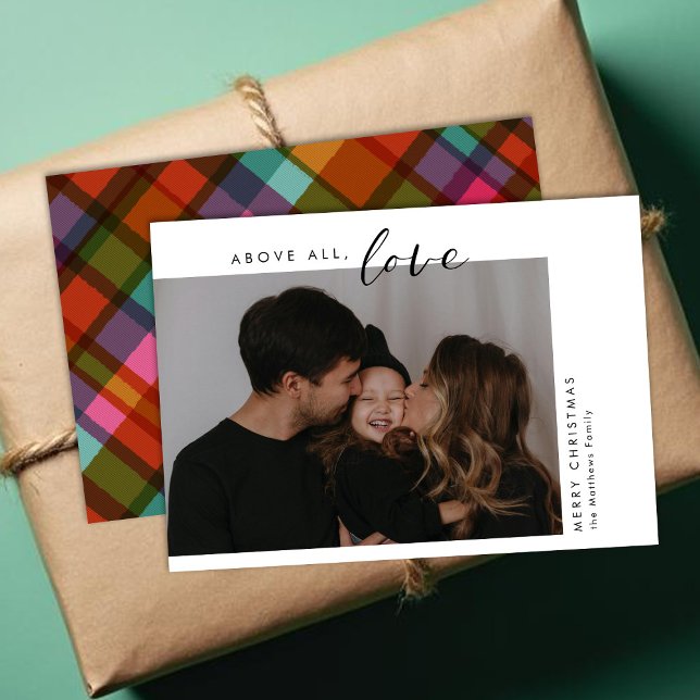 Above All Love Modern Plaid Photo Christmas Holiday Card (Creator Uploaded)