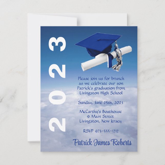 'Above The Clouds' Royal Blue Cap Graduation Invitation (Front)