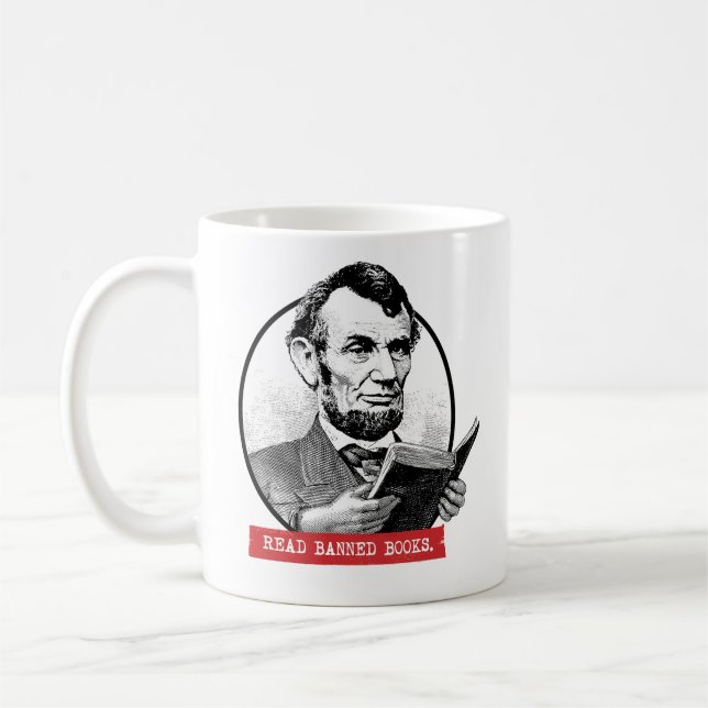 Abraham Lincoln Reads Banned Books Coffee Mug (Left)