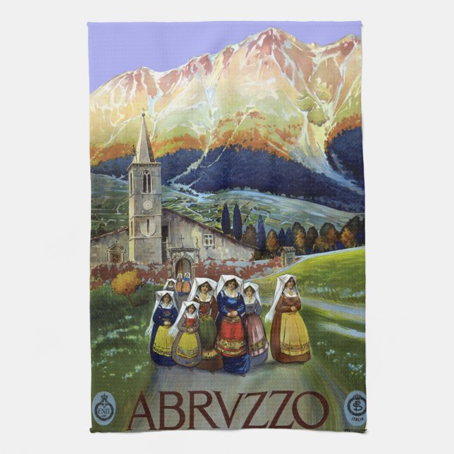 Abruzzo Italy Vintage Travel Poster Art with Women Tea Towel (Vertical)