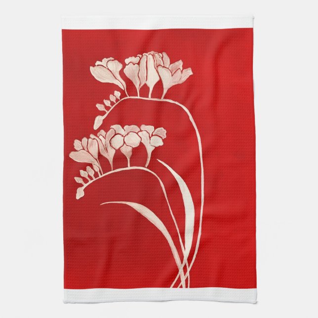 Absence of freesia red tea towel (Vertical)
