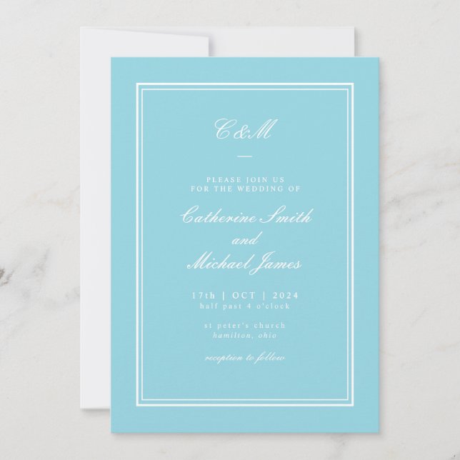 Absolute Classic Bright Aqua Monogram Wedding Invitation (Front)