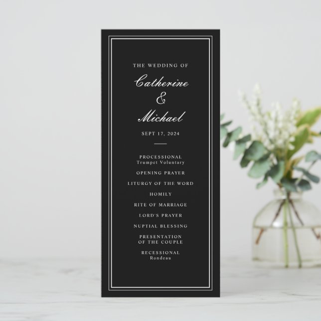 Absolute Classic Script Black and White Wedding Programme (Standing Front)