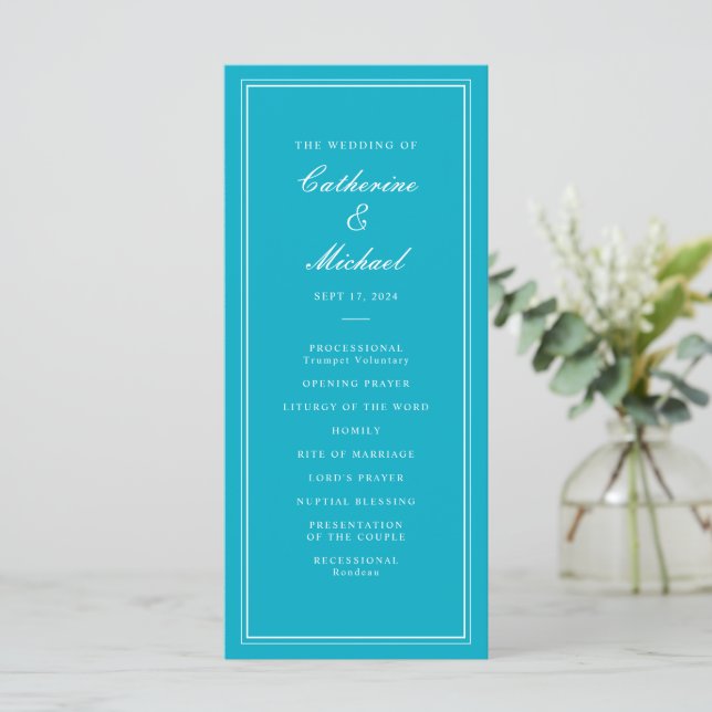 Absolute Classic Script Bright Aqua Wedding Programme (Standing Front)