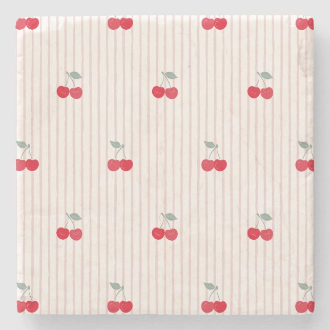Absorbent Retro Cherries Pattern Sweetheart Glaze Stone Coaster (Front)