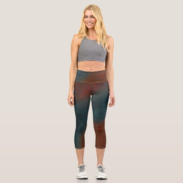 Abstract 1: reds and blues capri leggings (Front)